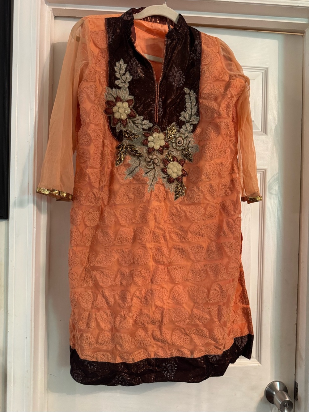 Hand Embroidered in India Orange Women’s Kurta Dress with Dark Brown Accents!